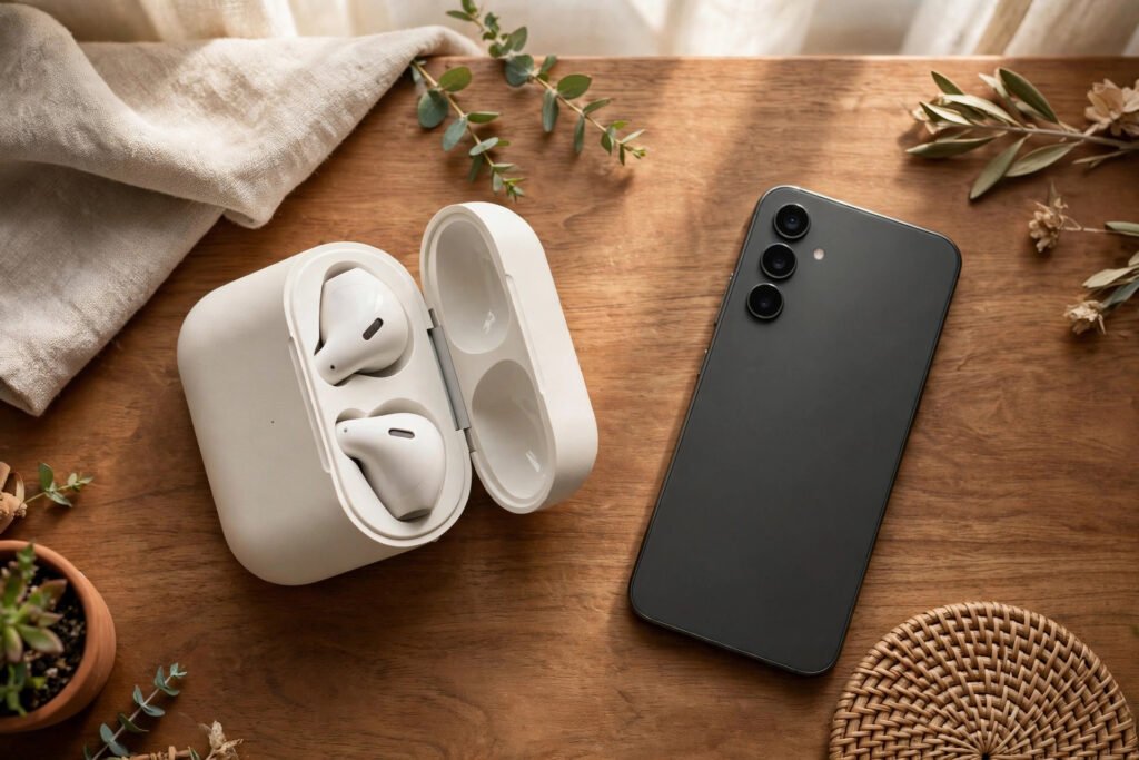 Wireless earbuds, open charging case and smartphone arranged on a wooden desk