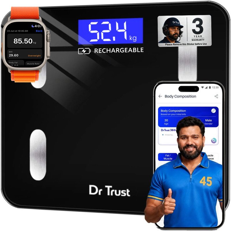 Dr Trust Smart Connect 2.0 (509) Bluetooth smart scale in black with app overlay