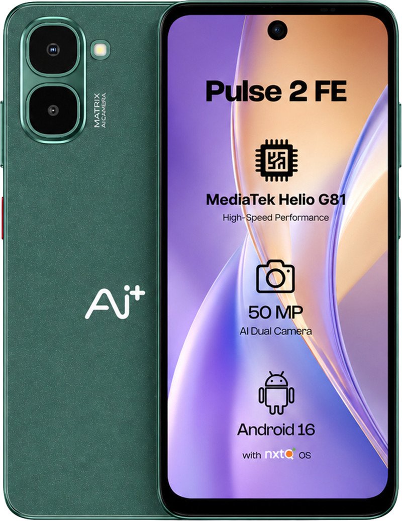 Ai+ Pulse 2 FE smartphone in Green, front and back view showing Android 16 and 50MP AI dual camera