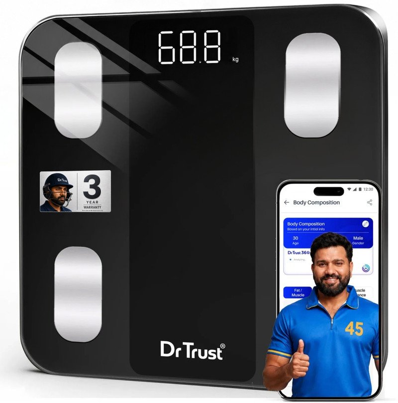 Dr Trust USA Legend (526) smart scale in black with body composition app overlay