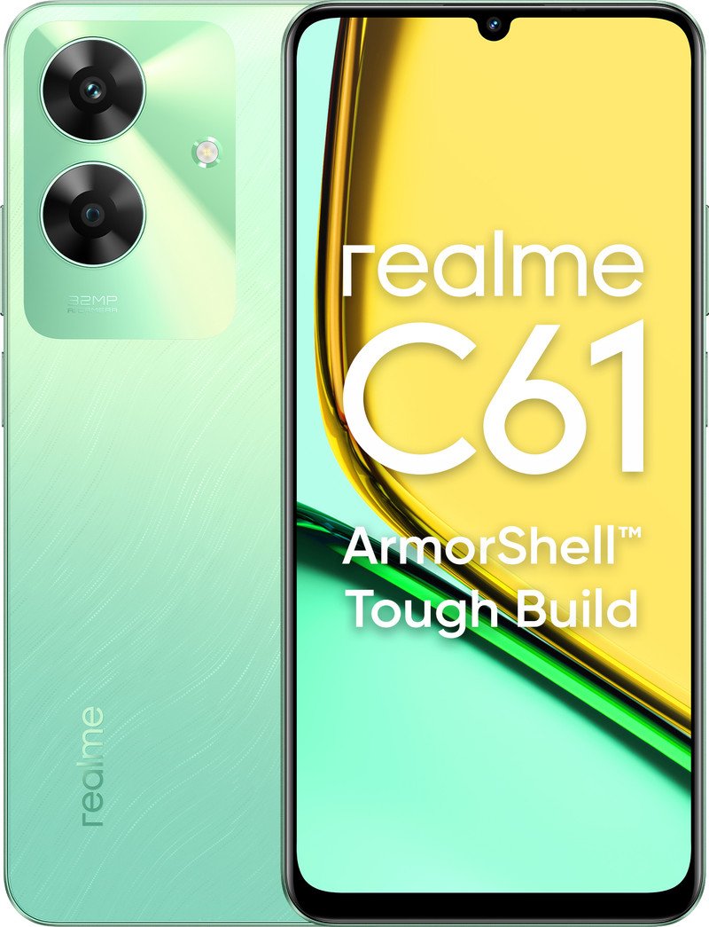 realme C61 smartphone in Safari Green, front and back view showing ArmorShell tough build