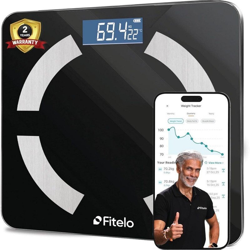 Fitelo Bluetooth Smart Scale in black with weight-tracker app overlay