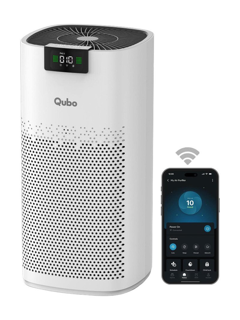 Qubo Q600 smart air purifier in white, tower design with app and voice control