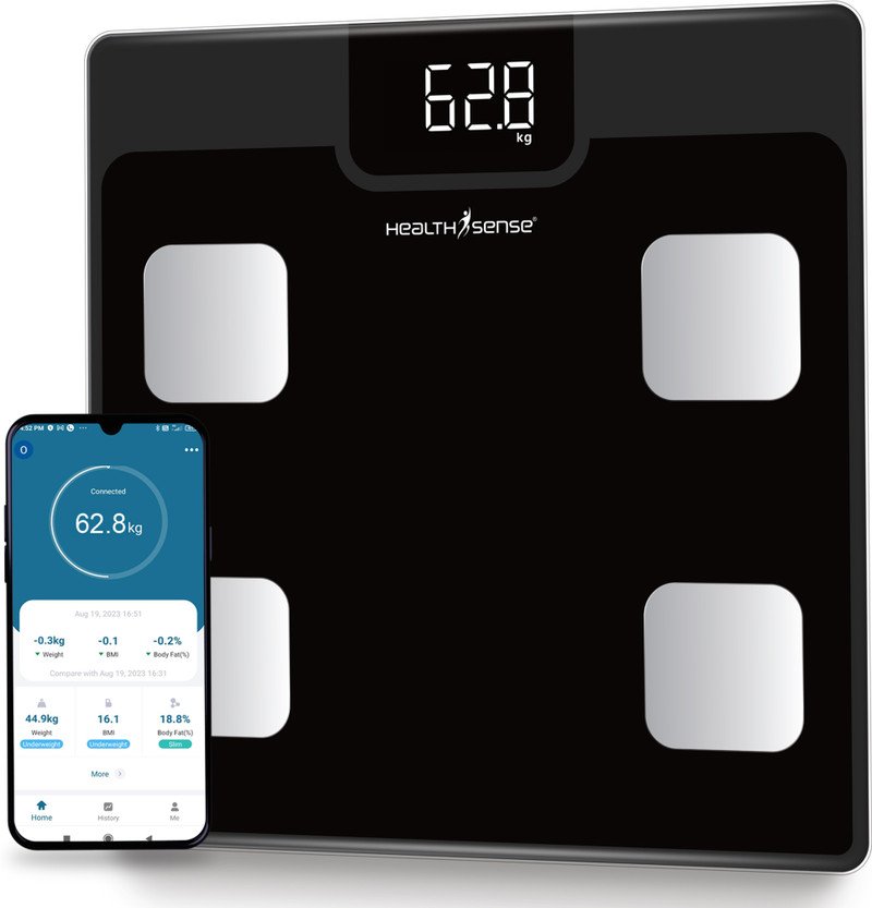 Health Sense BS 161 smart scale in charcoal black with HealthSense app overlay