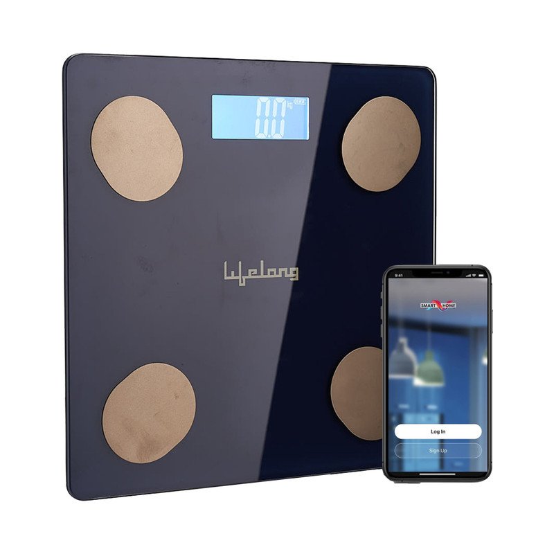 Lifelong LLWS36 smart BMI weighing scale in dark blue with app login overlay